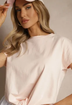 Jasnoróżowy Bawełniany T-shirt Wiązany u Dołu Sunalina