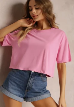 Jasnoróżowy T-shirt o Fasonie Cropped Oversize Brighta