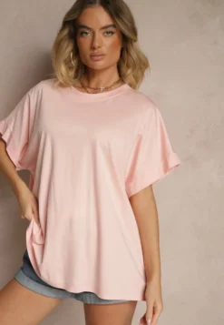 Jasnoróżowy T-shirt z Wiskozą o Fasonie Nietoperza Tanalitha