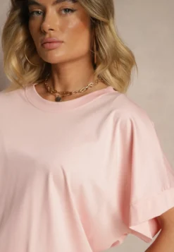 Jasnoróżowy T-shirt z Wiskozą o Fasonie Nietoperza Tanalitha