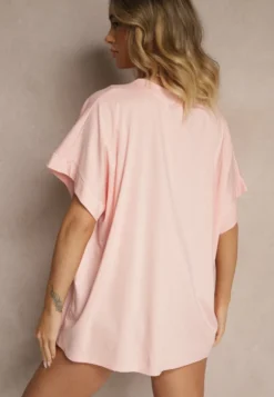 Jasnoróżowy T-shirt z Wiskozą o Fasonie Nietoperza Tanalitha