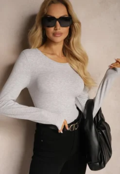 Jasnoszara Bawełniana Bluzka Typu Longsleeve z Okrągłym Dekoltem Eziola