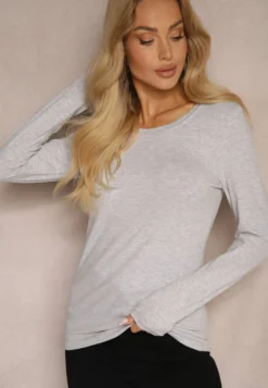 Jasnoszara Bawełniana Bluzka Typu Longsleeve z Okrągłym Dekoltem Eziola