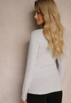 Jasnoszara Bawełniana Bluzka Typu Longsleeve z Okrągłym Dekoltem Eziola