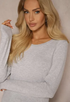 Jasnoszara Bawełniana Bluzka Typu Longsleeve z Okrągłym Dekoltem Eziola