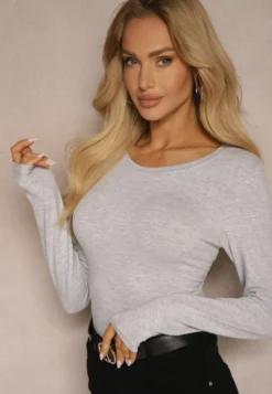 Jasnoszara Bawełniana Bluzka Typu Longsleeve z Okrągłym Dekoltem Eziola