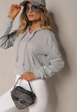 Jasnoszara Bluza z Kapturem i Bawełną Ozdobiona Ściągaczami Evianae