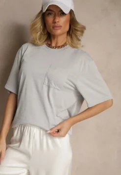 Jasnoszara Koszulka T-shirt z Naszytą Kieszonką TLanitra