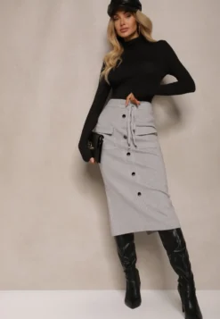 Jasnoszara Spódnica Ołówkowa z Kaszmirem High Waist z Ozdobnymi Guzikami i Kieszeniami Edithwen