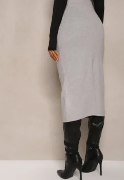 Jasnoszara Spódnica Ołówkowa z Kaszmirem High Waist z Ozdobnymi Guzikami i Kieszeniami Edithwen