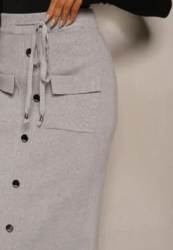 Jasnoszara Spódnica Ołówkowa z Kaszmirem High Waist z Ozdobnymi Guzikami i Kieszeniami Edithwen