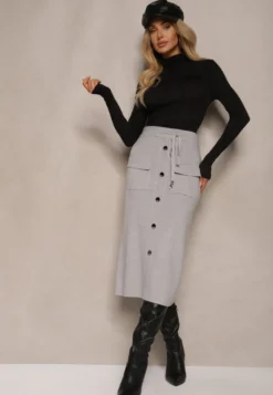Jasnoszara Spódnica Ołówkowa z Kaszmirem High Waist z Ozdobnymi Guzikami i Kieszeniami Edithwen