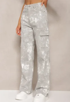 Jasnoszare Jeansy High Waist z Designerskim Wzorem z Szerokimi Nogawkami Joltta