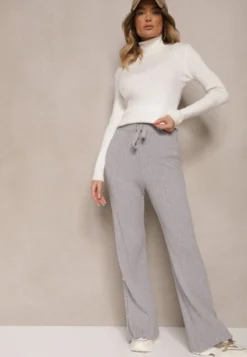 Jasnoszare Prążkowane Spodnie High Waist z Wiskozą o Szerokim Kroju Ozdobione Guzikami Zeriel
