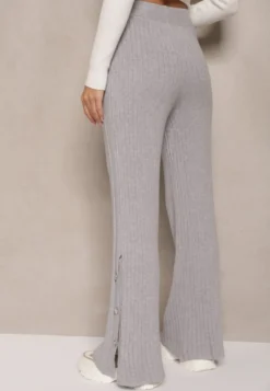 Jasnoszare Prążkowane Spodnie High Waist z Wiskozą o Szerokim Kroju Ozdobione Guzikami Zeriel