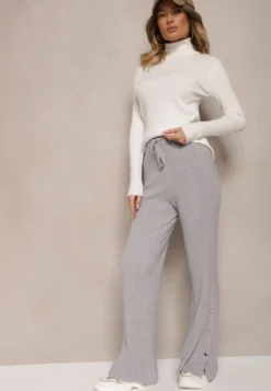 Jasnoszare Prążkowane Spodnie High Waist z Wiskozą o Szerokim Kroju Ozdobione Guzikami Zeriel