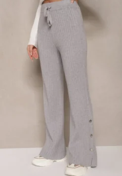 Jasnoszare Prążkowane Spodnie High Waist z Wiskozą o Szerokim Kroju Ozdobione Guzikami Zeriel