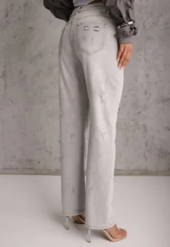 Jasnoszare Proste Jeansy z Bawełną High Waist Ozdobione Przetarciami Vimareas