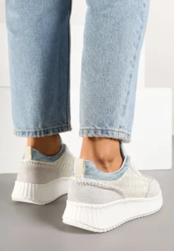 Jasnoszare Sneakersy ze Skóry Naturalnej z Tweedową Wstawką Varelna