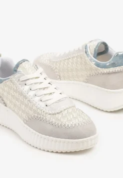 Jasnoszare Sneakersy ze Skóry Naturalnej z Tweedową Wstawką Varelna