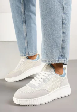 Jasnoszare Sneakersy ze Skóry Naturalnej z Tweedową Wstawką Varelna