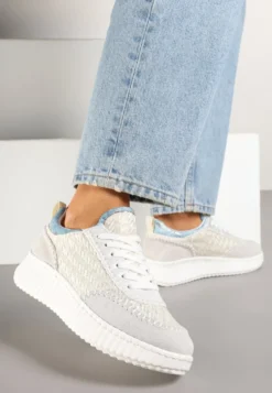 Jasnoszare Sneakersy ze Skóry Naturalnej z Tweedową Wstawką Varelna