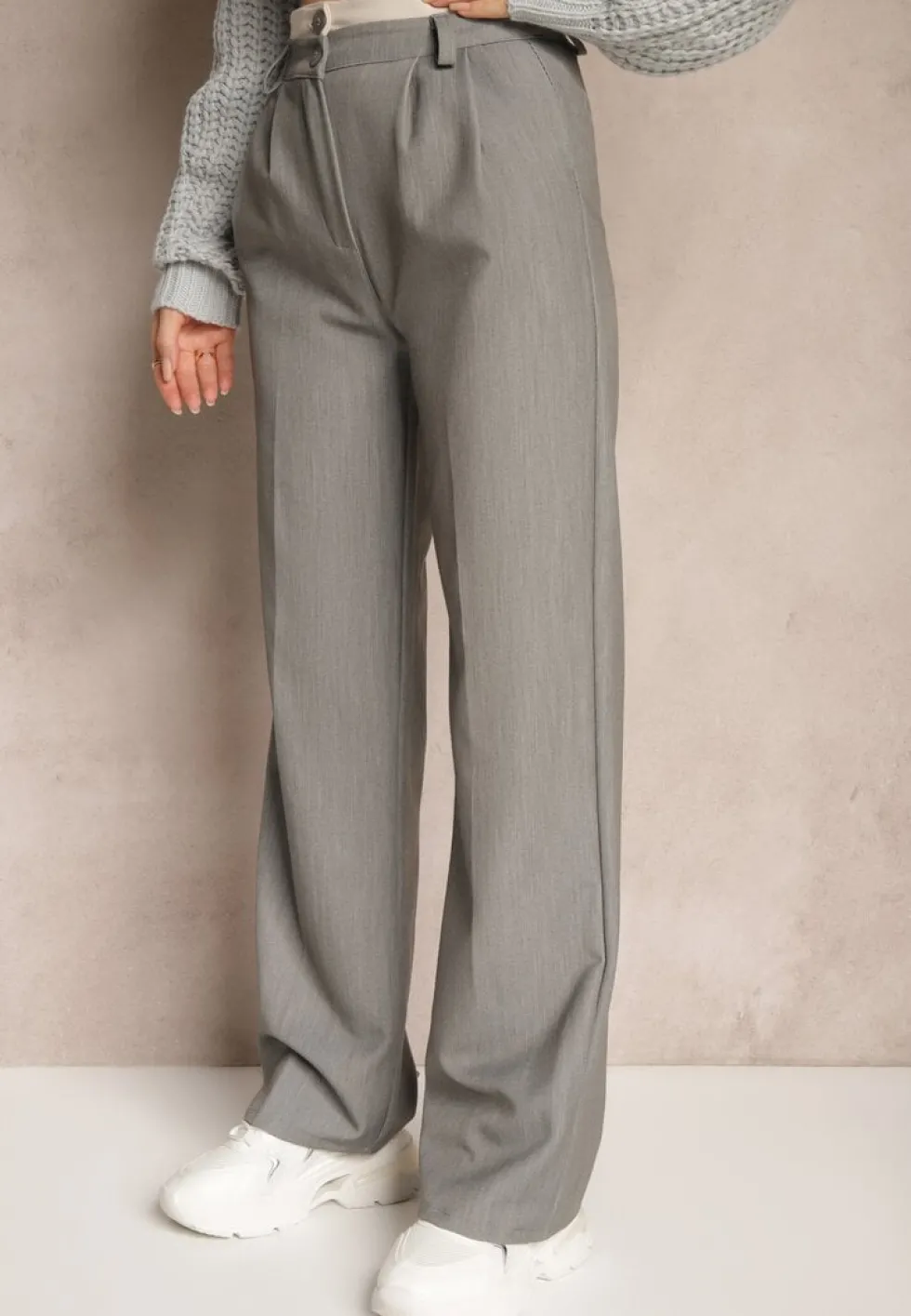Jasnoszare Spodnie Garniturowe High Waist z Przeszyciami Variola