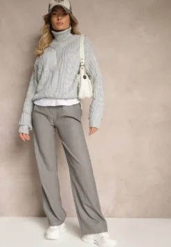 Jasnoszare Spodnie Garniturowe High Waist z Przeszyciami Variola