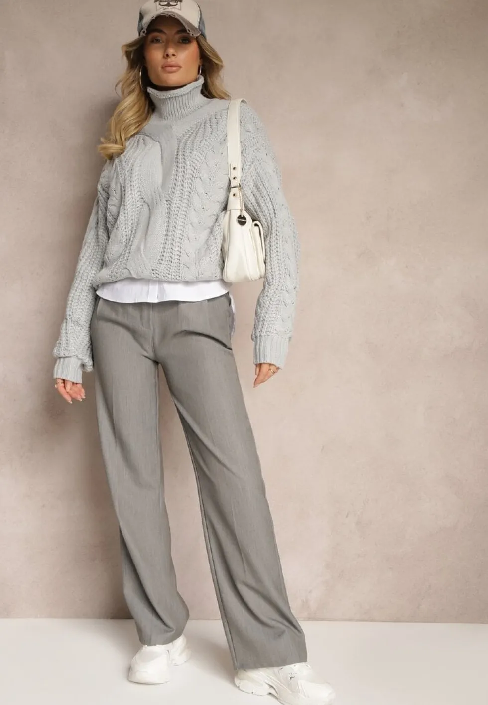 Jasnoszare Spodnie Garniturowe High Waist z Przeszyciami Variola