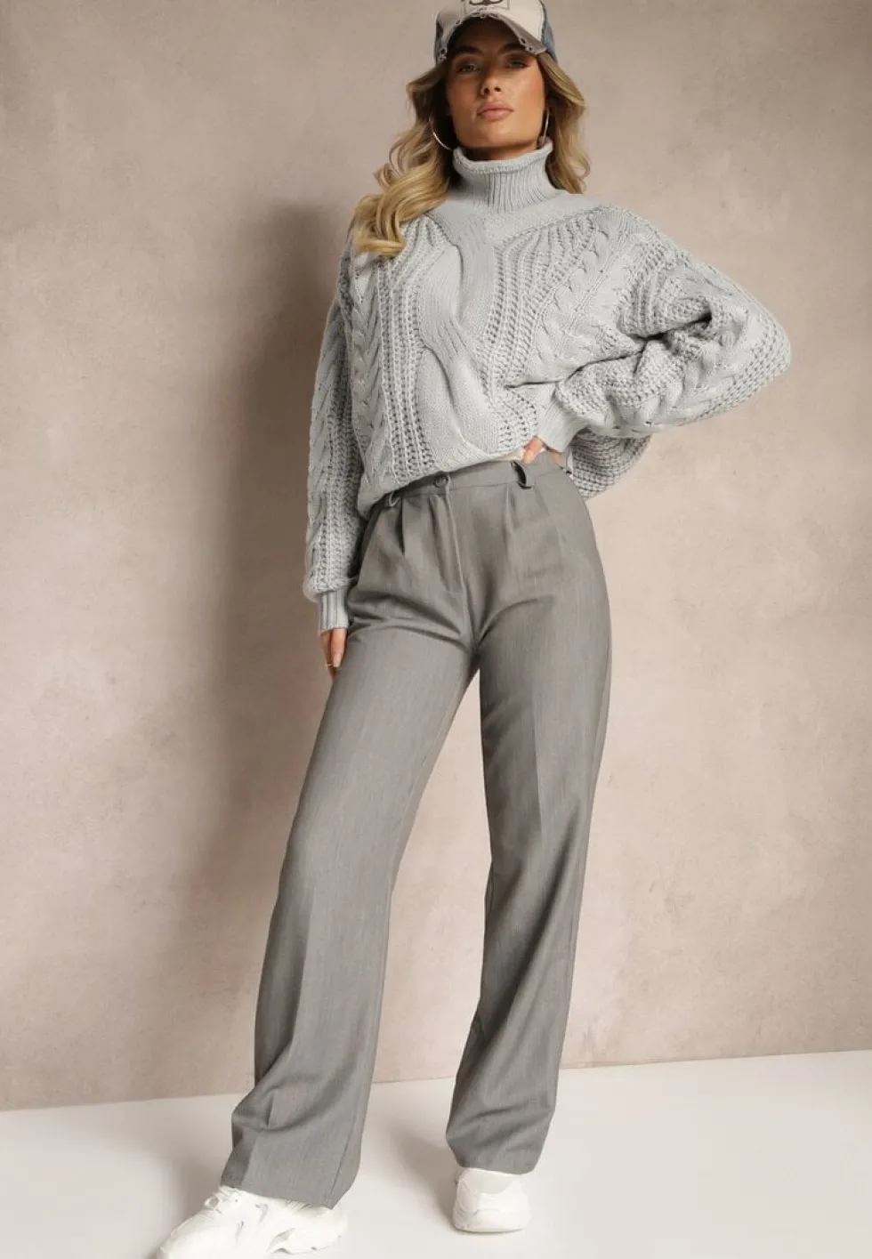 Jasnoszare Spodnie Garniturowe High Waist z Przeszyciami Variola
