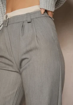 Jasnoszare Spodnie Garniturowe High Waist z Przeszyciami Variola