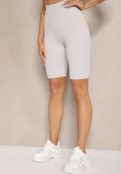 Jasnoszare Sportowe Szorty Kolarki Prążkowane High Waist Steiama