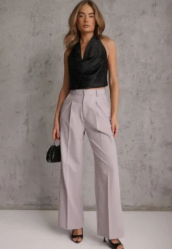 Jasnoszare Szerokie Spodnie High Waist Seraphella