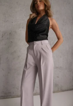 Jasnoszare Szerokie Spodnie High Waist Seraphella