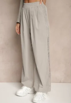 Jasnoszare Szerokie Spodnie z Bawełną High Waist Ozdobione Koronką Efandiela