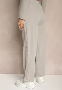 Jasnoszare Szerokie Spodnie z Bawełną High Waist Ozdobione Koronką Efandiela
