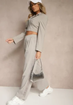 Jasnoszare Szerokie Spodnie z Bawełną High Waist Ozdobione Koronką Efandiela