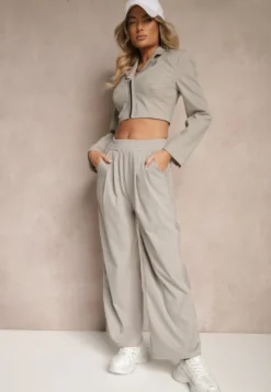 Jasnoszare Szerokie Spodnie z Bawełną High Waist Ozdobione Koronką Efandiela