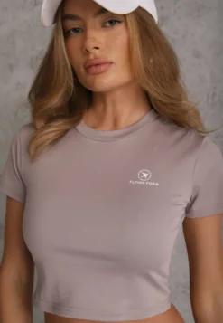 Jasnoszary Basicowy T-shirt w Stylu Cropped z Subtelnym Nadrukiem Loraera