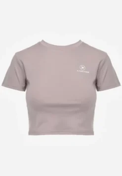 Jasnoszary Basicowy T-shirt w Stylu Cropped z Subtelnym Nadrukiem Loraera