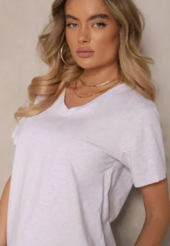 Jasnoszary T-shirt z Bawełny z Dekoltem w Serek Tanirea
