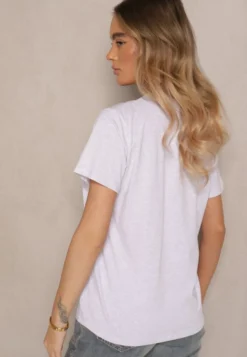 Jasnoszary T-shirt z Bawełny z Dekoltem w Serek Tanirea