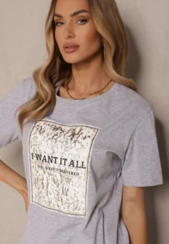 Jasnoszary T-shirt z Bawełny z Nadrukiem Tellanis