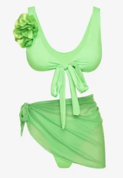 Jasnozielone Bikini Majtki Figi Biustonosz z Broszką Kwiatu 3D i Siateczkowe Pareo Folissa