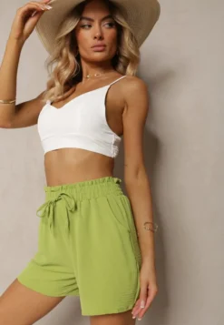 Jasnozielone Casualowe Szorty Bermudy High Waist Wykończone Gumką w Pasie Otanea