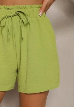 Jasnozielone Casualowe Szorty Bermudy High Waist Wykończone Gumką w Pasie Otanea