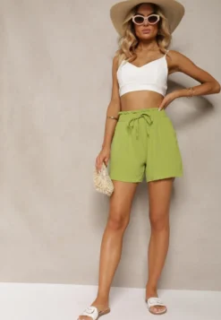 Jasnozielone Casualowe Szorty Bermudy High Waist Wykończone Gumką w Pasie Otanea