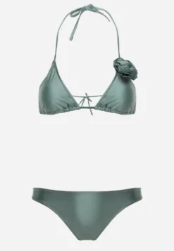 Jasnozielone Minimalistyczne Bikini Wiązany Biustonosz z Kwiatem 3D i Majtki Figi Evaris