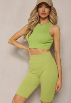 Jasnozielone Prążkowane Szorty Kolarki High Waist Olevitta