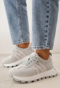 Jasnozielone Sneakersy na Platformie z Zamszu Naturalnego z Perforacją Zitrina